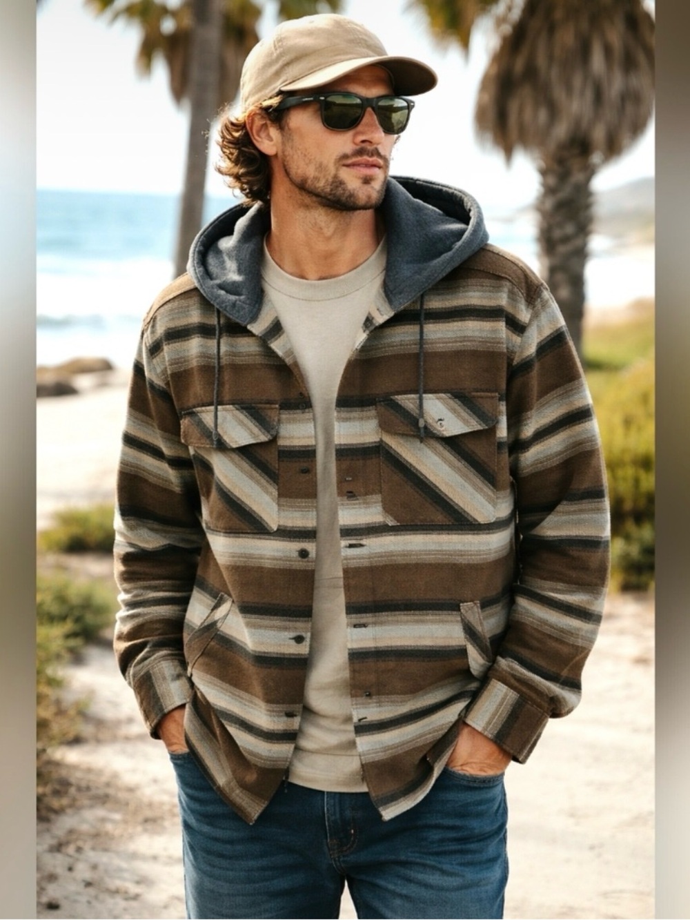 Quicksilver Striped Brown and Grey Plaid Flannel Hooded Jacket